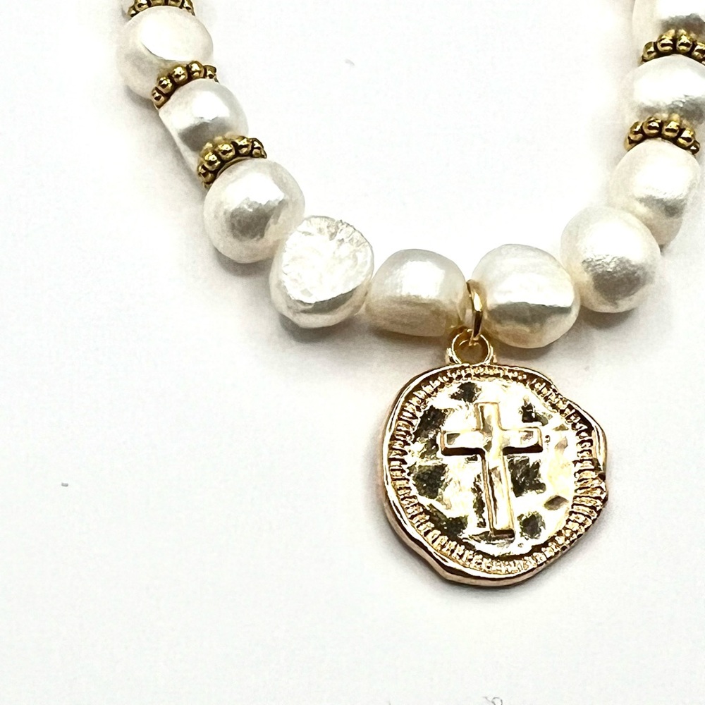 Gold and White Beaded Bracelet with Cross Pendant